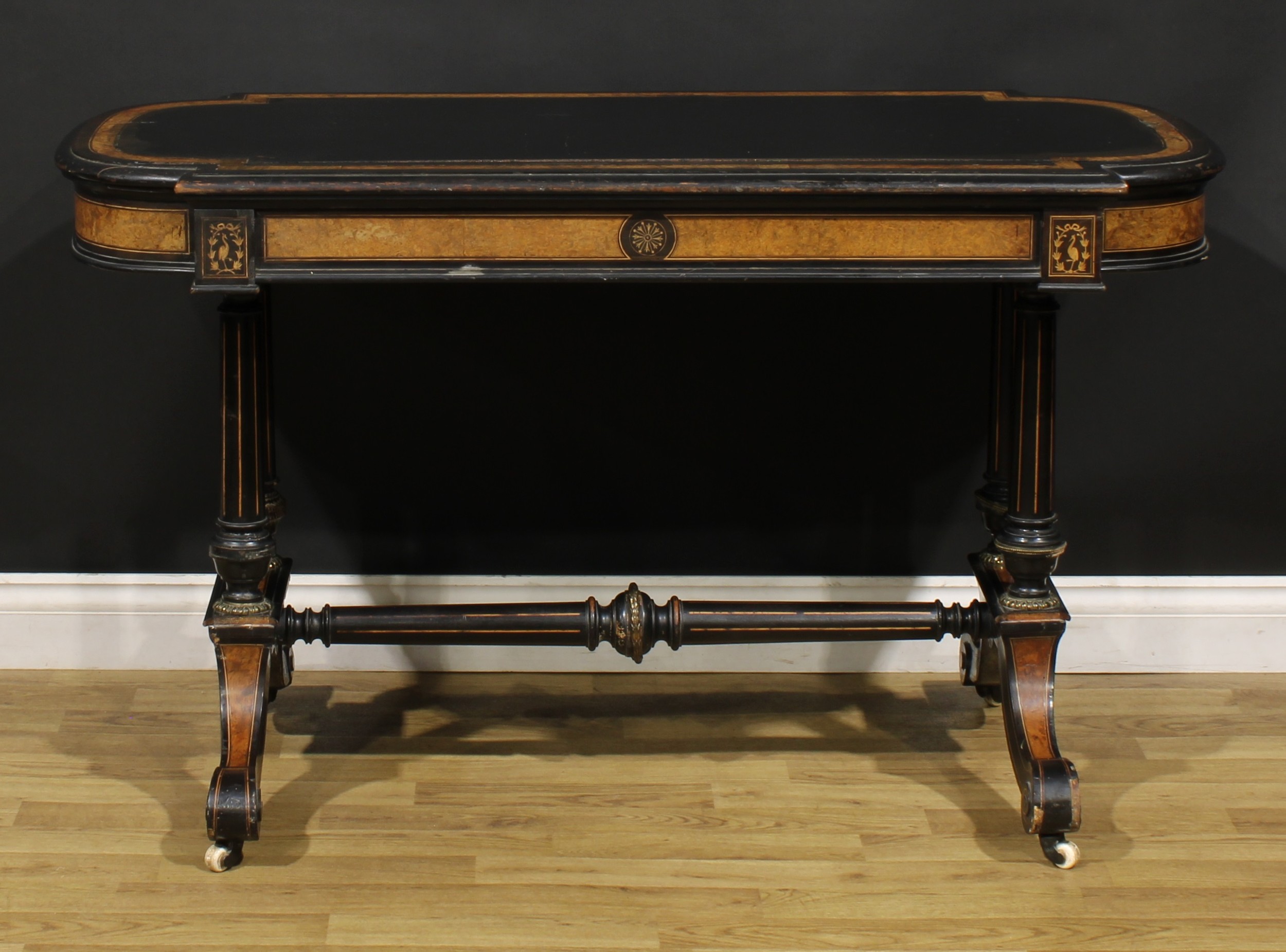 A Victorian amboyna banded ebonised library table, slightly oversailing top with moulded edge - Image 6 of 6
