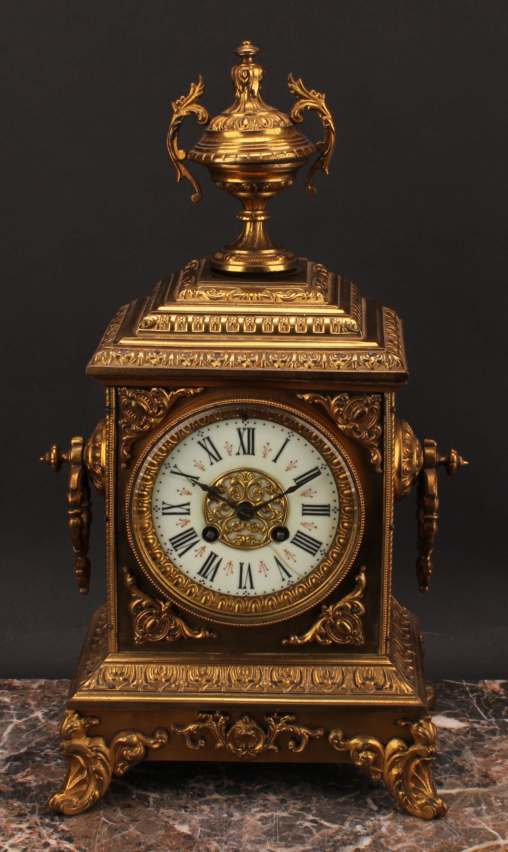 A 19th century French gilt brass table clock, 10.5cm dial inscribed with Roman numerals, twin - Image 2 of 3