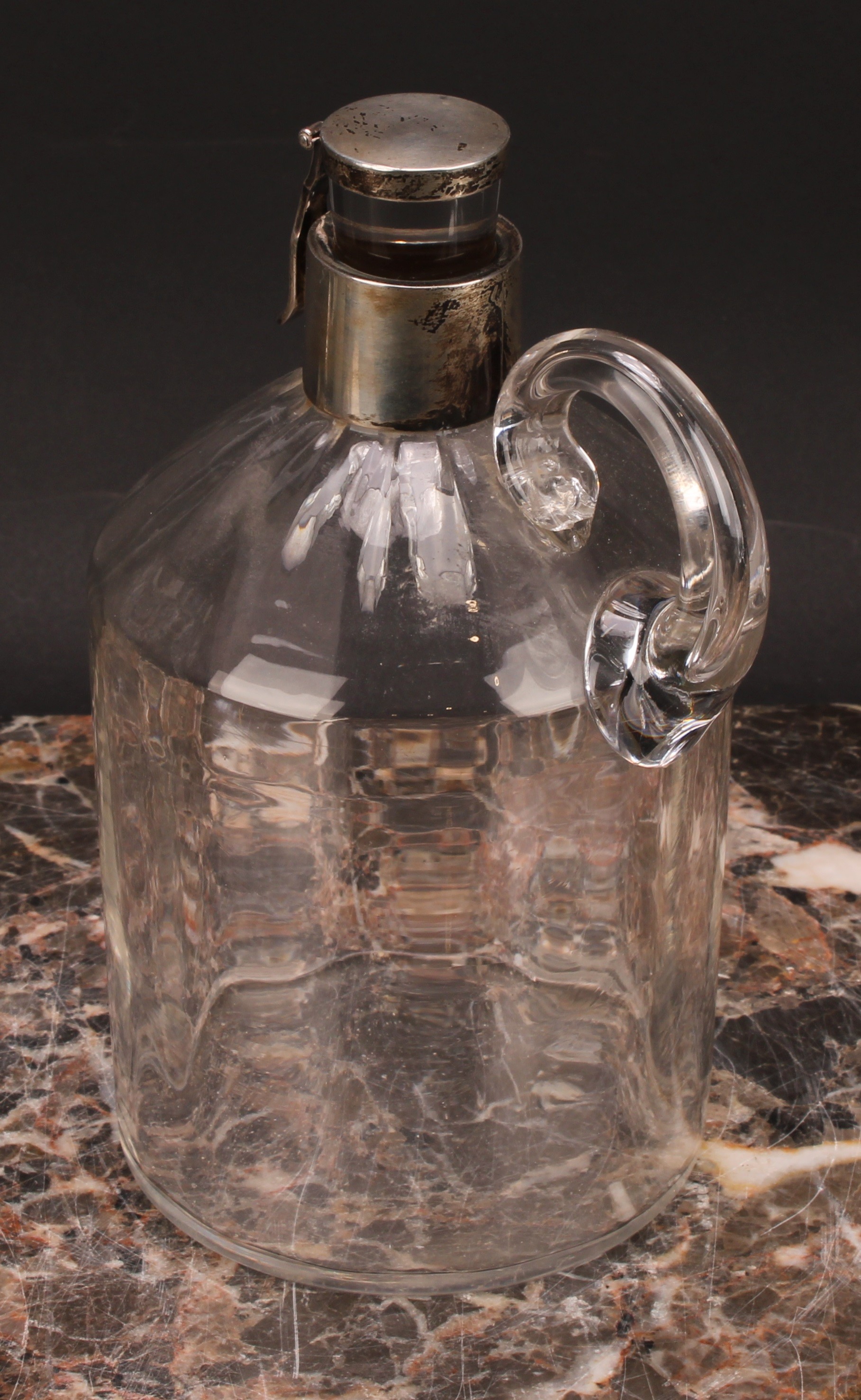 An Arts and Crafts period flagon-form lockable decanter, loop handle, 19cm high, Heath & - Image 5 of 6