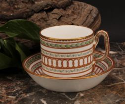 A Champion's Bristol cabinet coffee can and saucer, of cylindrical shape, painted in Neo-classical