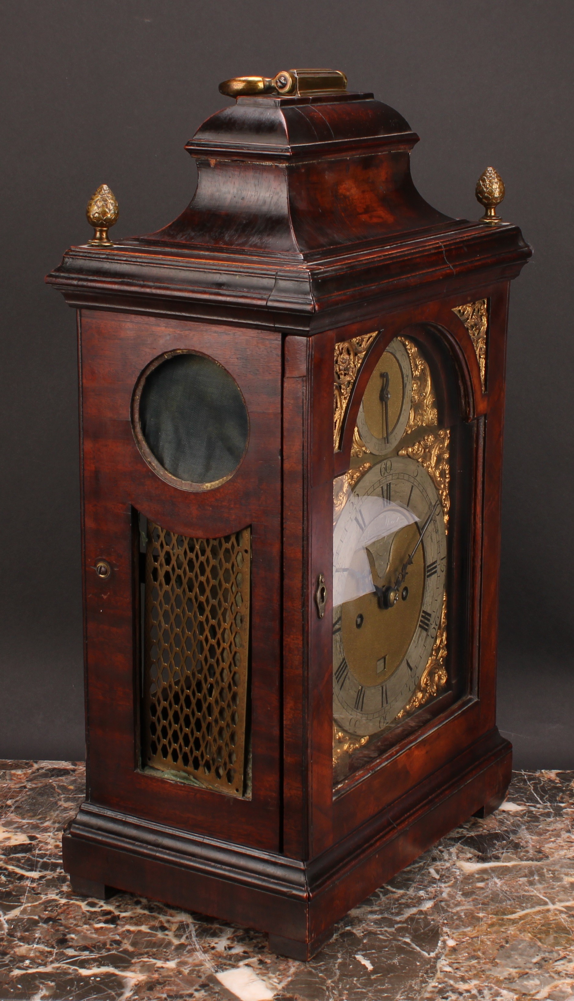 A George III mahogany repeating bracket clock, 17.5cm arched brass dial with silvered chapter ring - Image 3 of 4