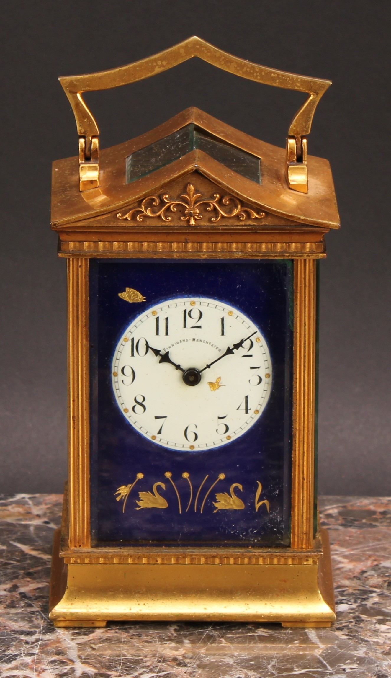 An early 20th century gilt brass carriage timepiece, 4.5cm enamel clock dial inscribed Finnigan’s, - Image 2 of 6