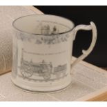 An unusual Liverpool pearlware frog mug, printed in monochrome with Stephenson's Rocket and