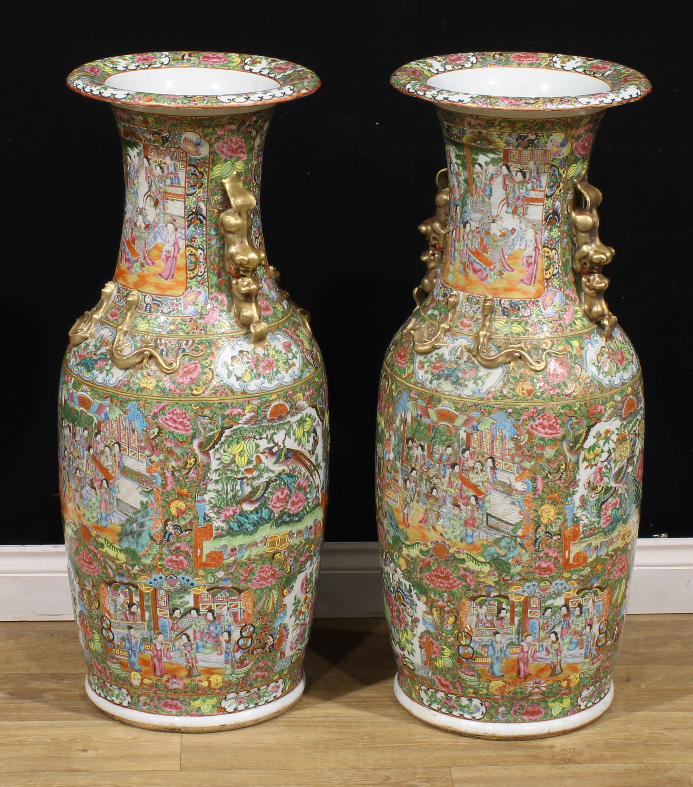A pair of large Chinese famille rose floor vases, painted in the Cantonese taste with a profusion of - Image 3 of 4
