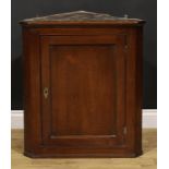 A George III mahogany wall hanging splay front corner cabinet, moulded cornice above a panel door