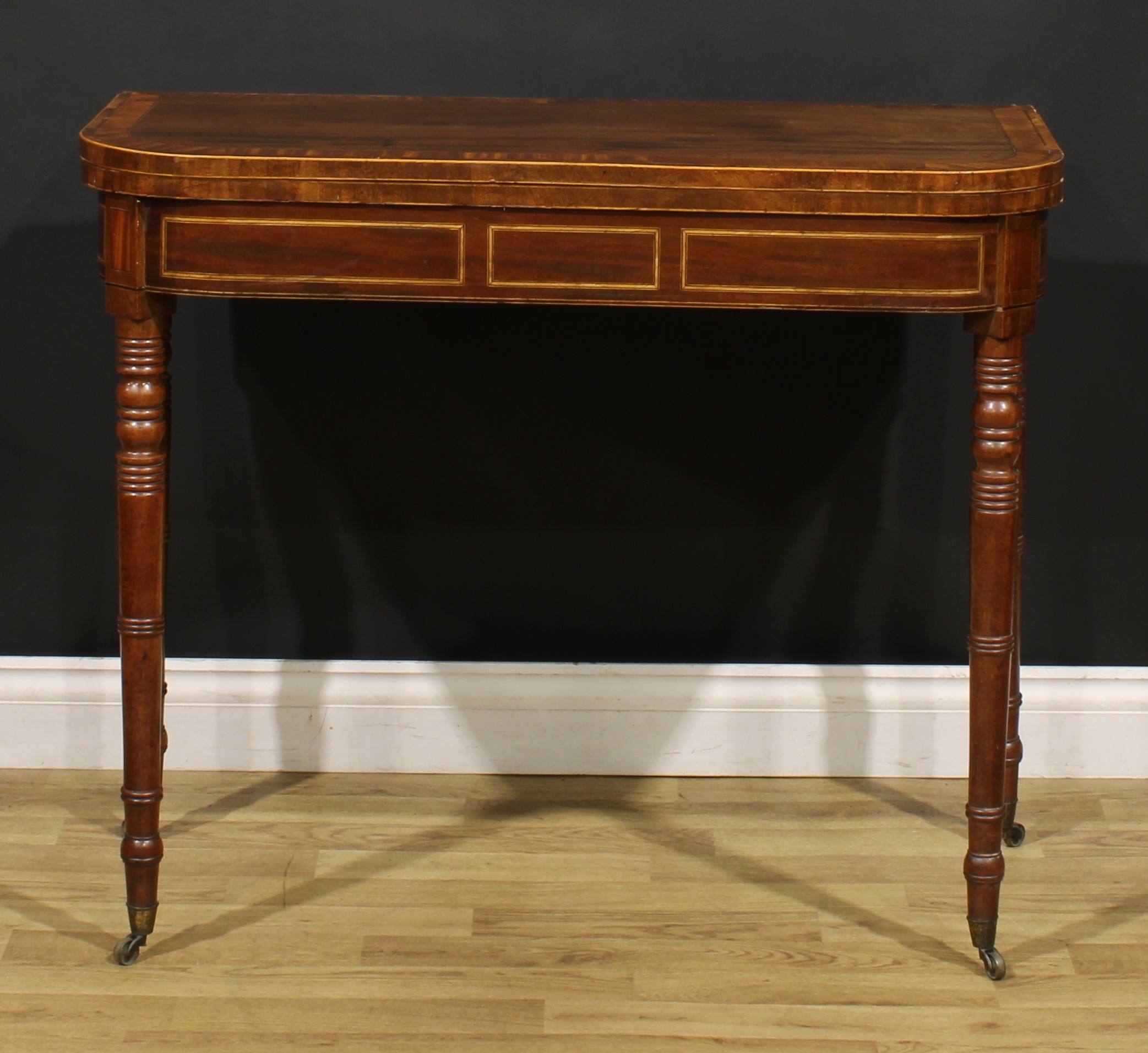 A Regency mahogany card table, hinged satinwood and rosewood crossbanded top enclosing a baize lined - Image 2 of 6