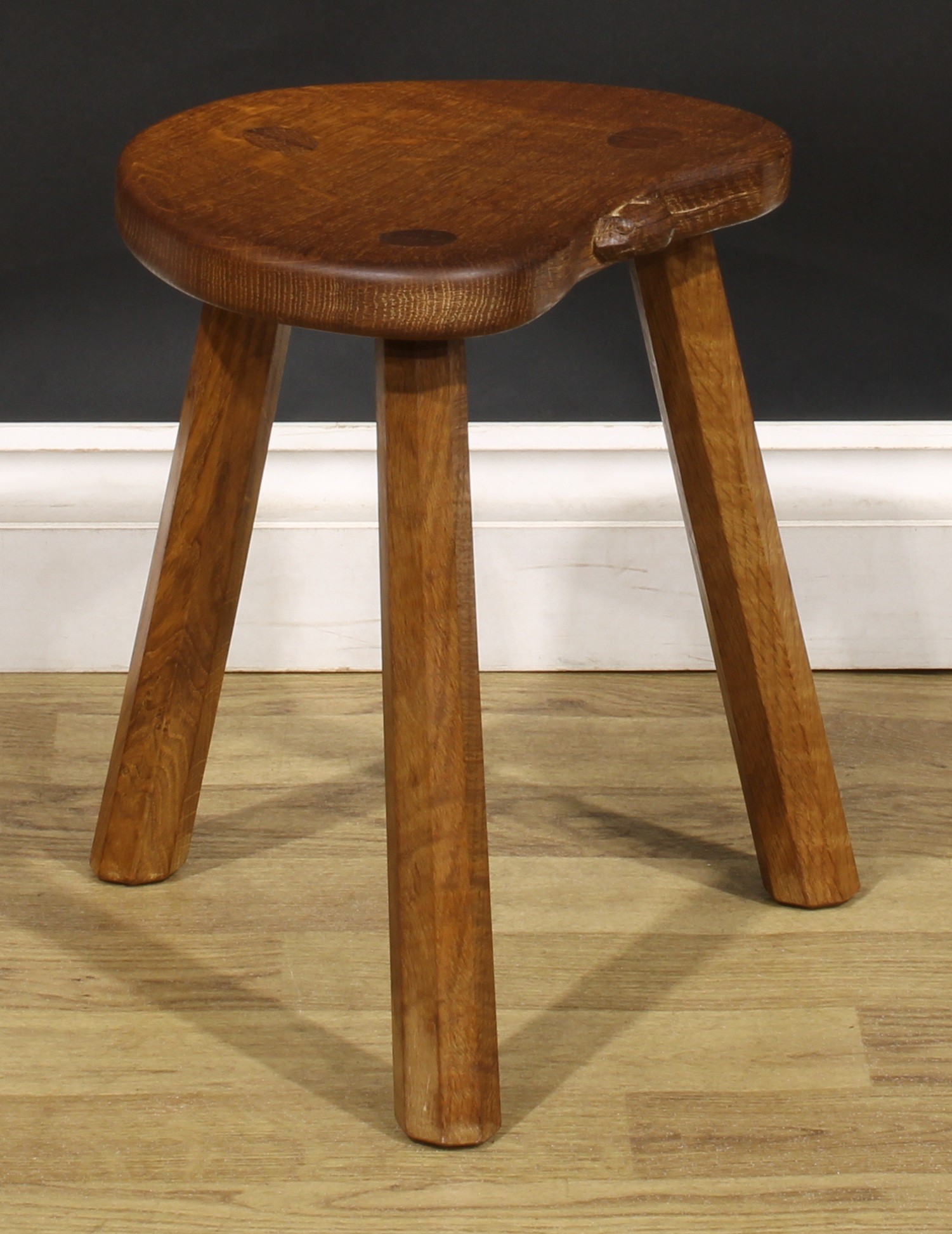 Robert Thompson, Mouseman of Kilburn, an oak milking stool, carved mouse signature, 35.5cm high, - Image 2 of 5