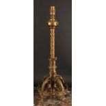 A Neo Gothic brass and copper table lamp, in the manner of William Burgess, the circular base