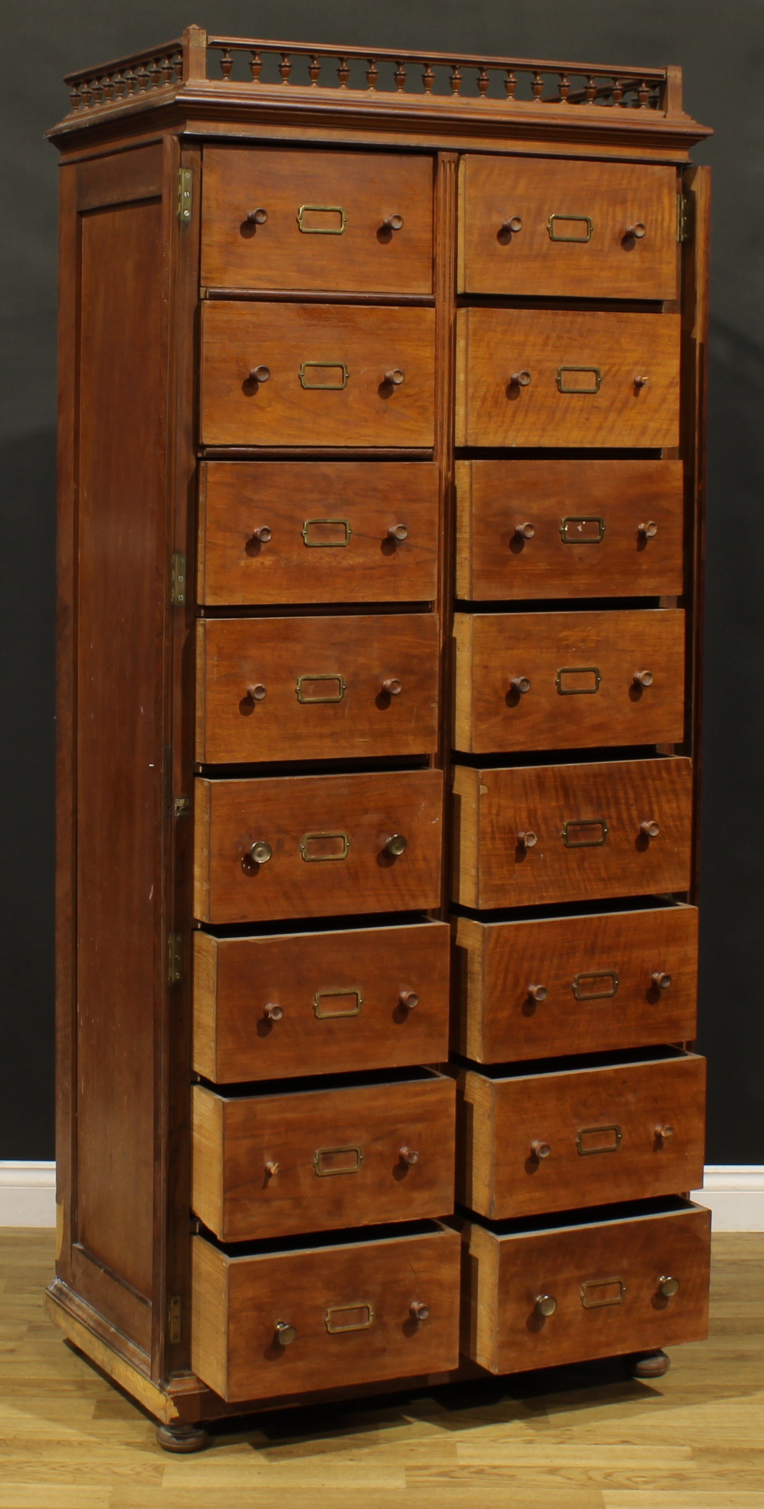 A late 19th century French walnut cartonnier, moulded cornice with balustrade gallery above - Image 3 of 3