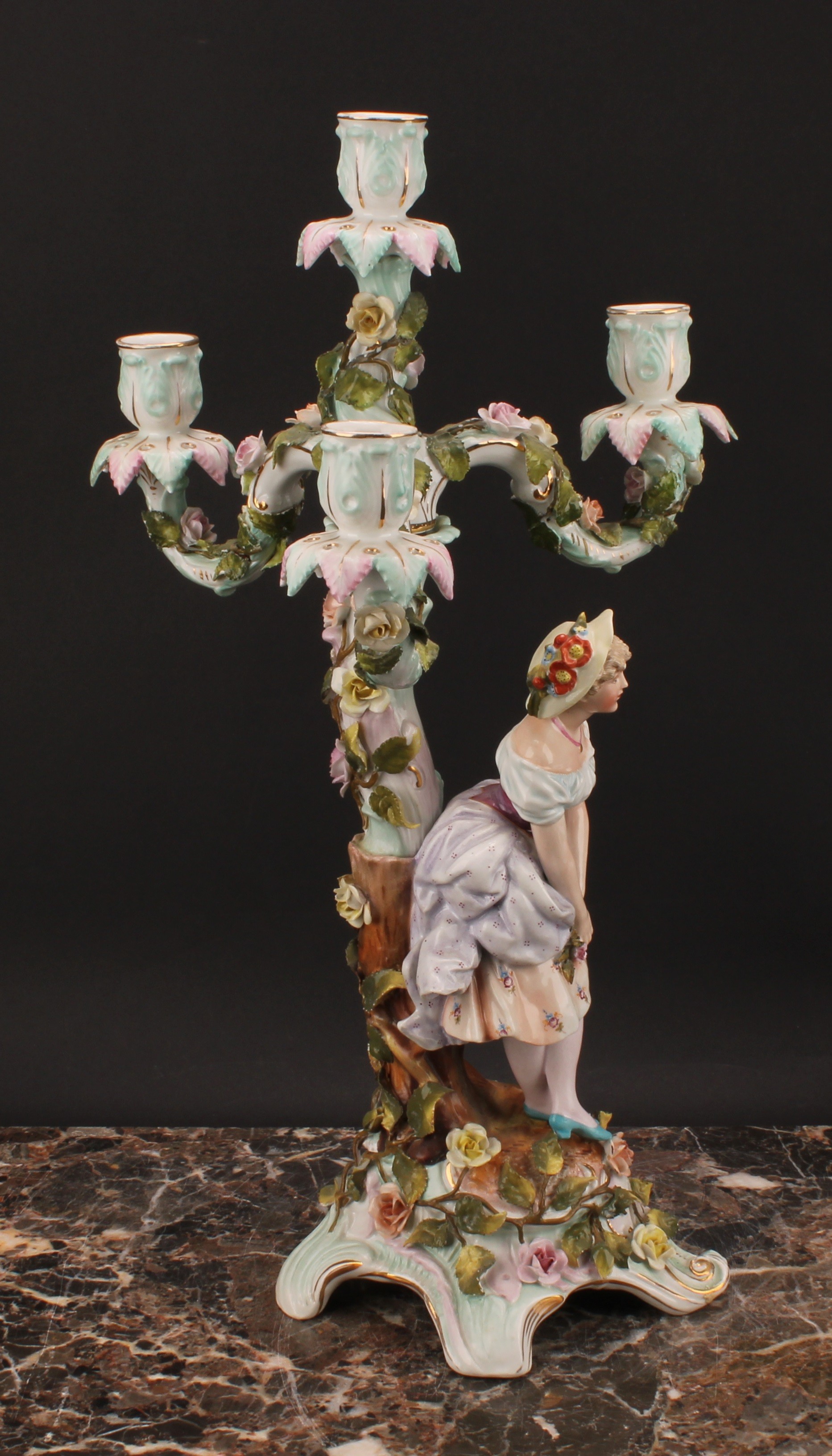 A pair of Sitzendorf figural four-light candelabra, modelled as a courting couple, each painted in - Image 4 of 10