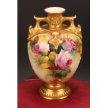 A Royal Worcester ovoid vase, painted by R Austin, signed, with roses on a blush ivory ground,