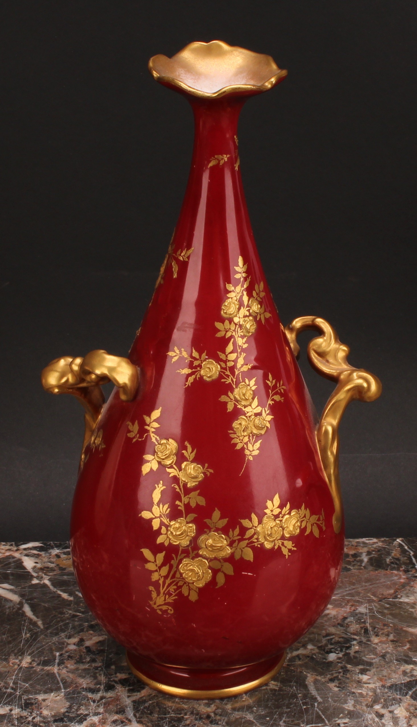 A pair of Doulton Burslem two handled pedestal bottle vases, painted by S. Wilson, signed, with - Image 12 of 14