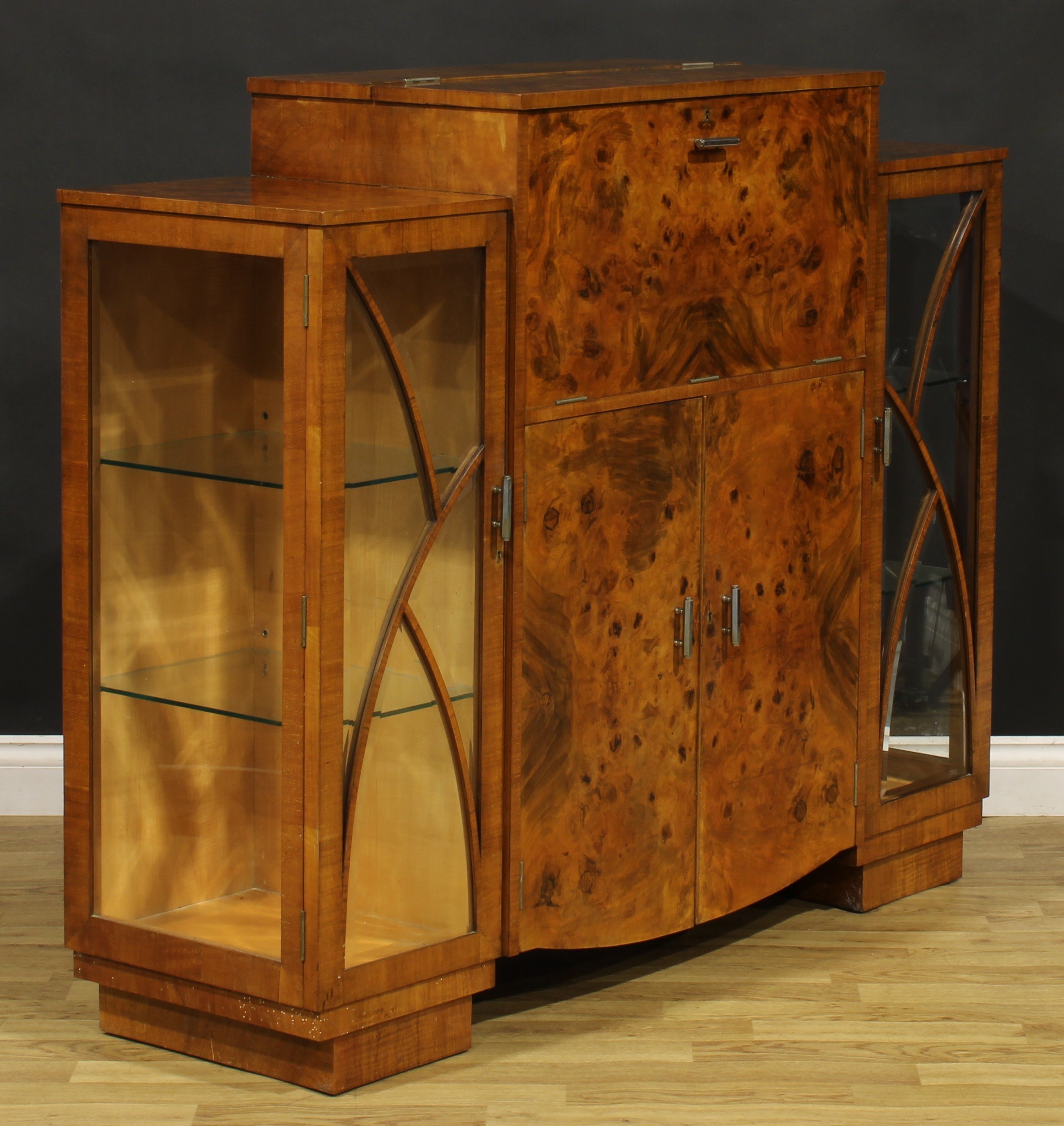 An Art Deco burr walnut cocktail cabinet, hinged top and fall front enclosing a fitted interior, - Image 4 of 6