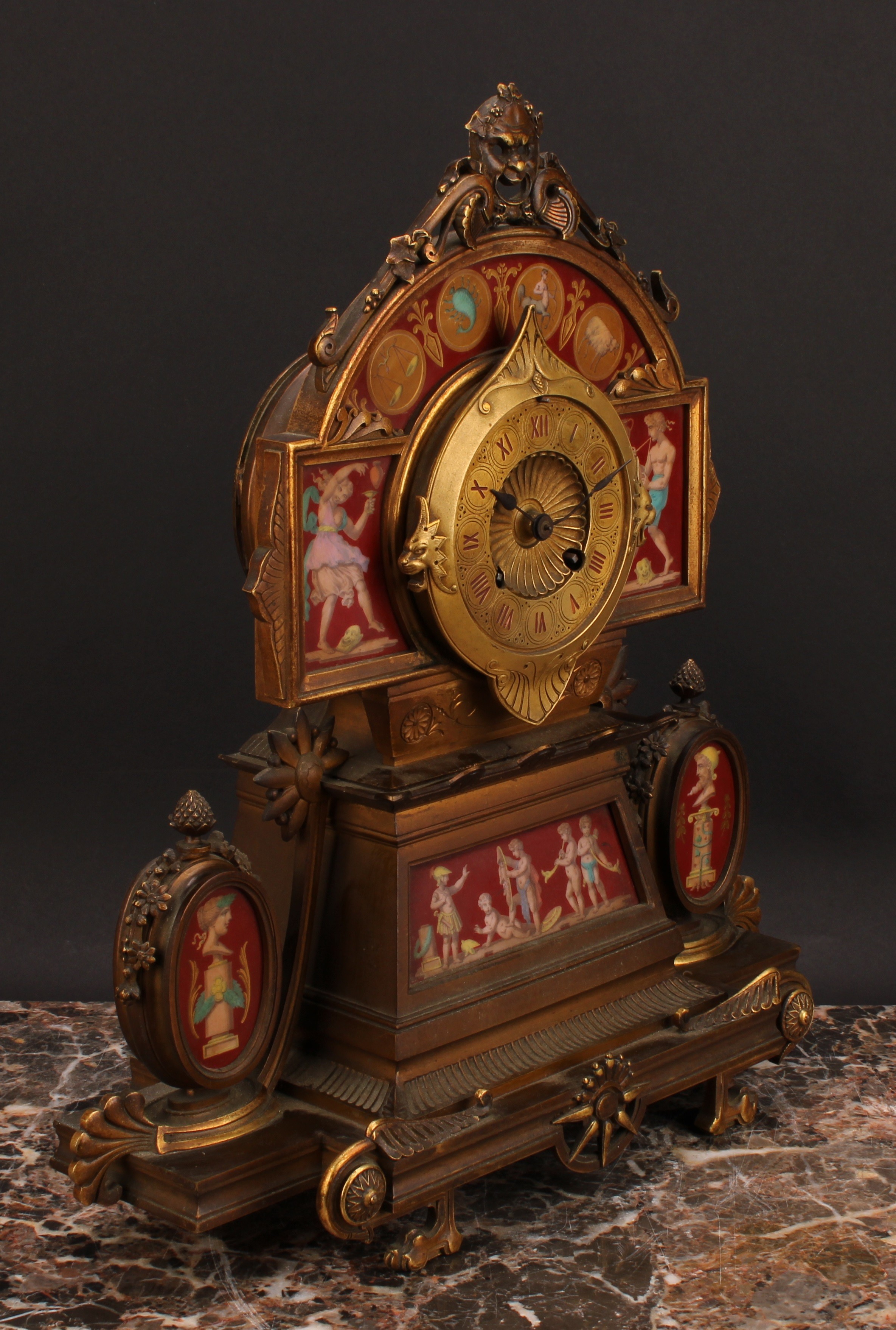 A French Etruscan Revival gilt bronze and porcelain mounted mantel clock, 8.5cm dial with Roman - Image 3 of 3