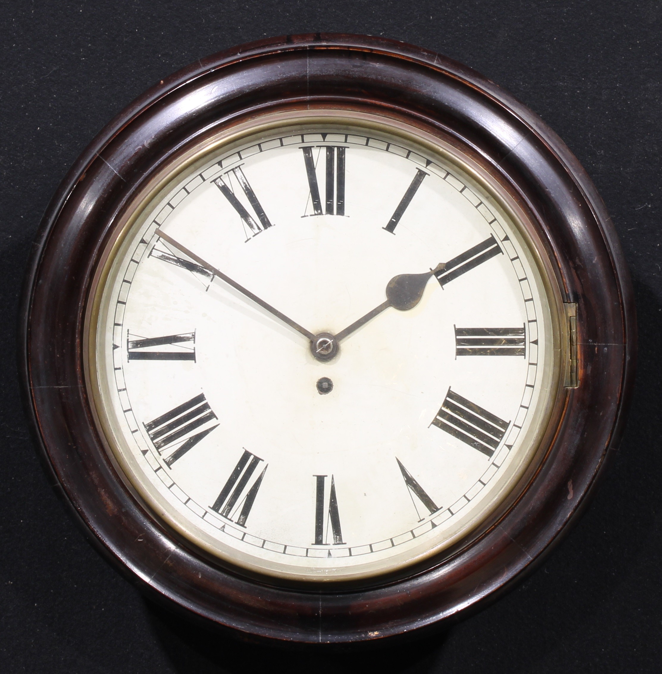 A Victorian school or railway timepiece, 33cm clock dial inscribed with Roman numerals, single