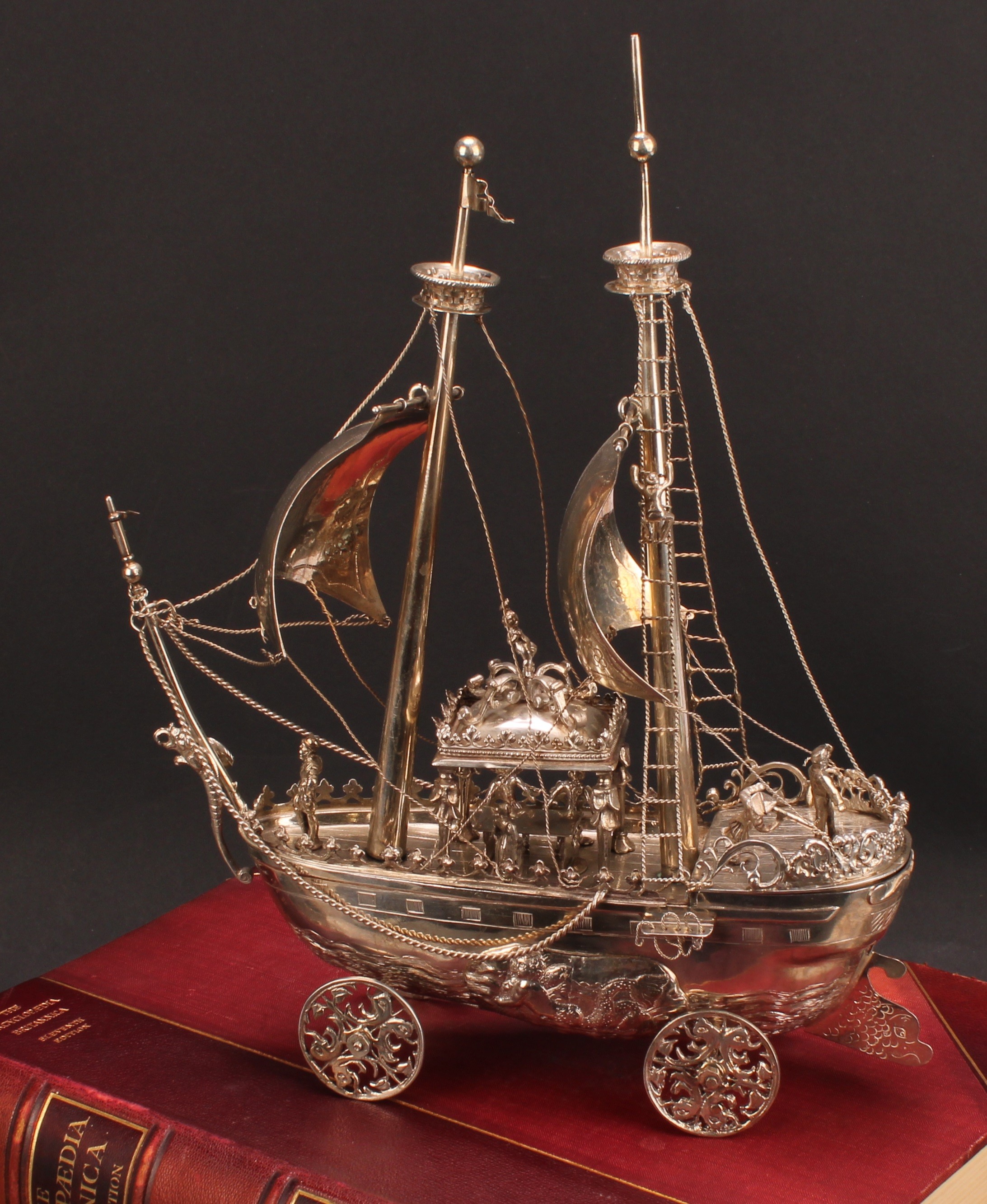A late 19th century Dutch silver nef, typically modelled as a two-masted ship, with billowing