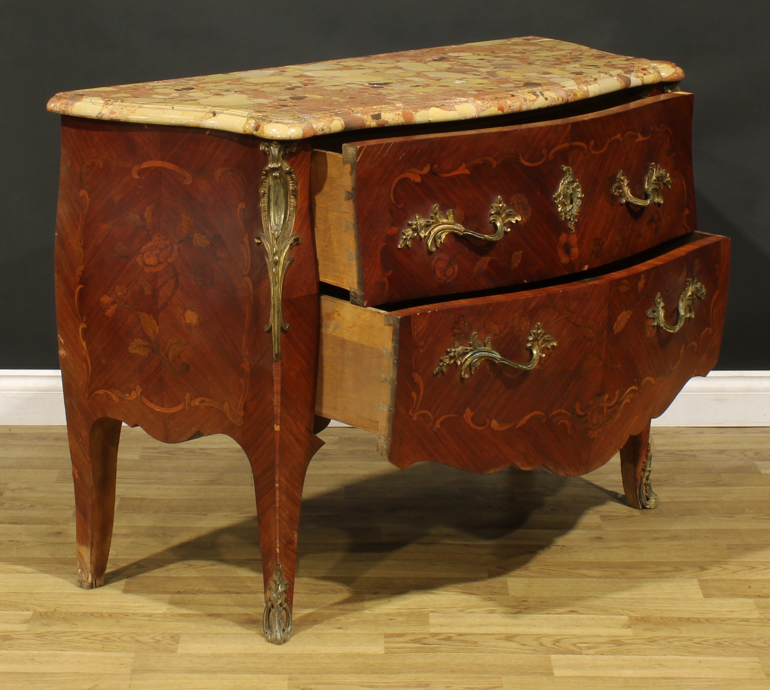 A Louis XV Revival gilt metal mounted kingwood and marquetry bombe commode, marble top above two - Image 3 of 5