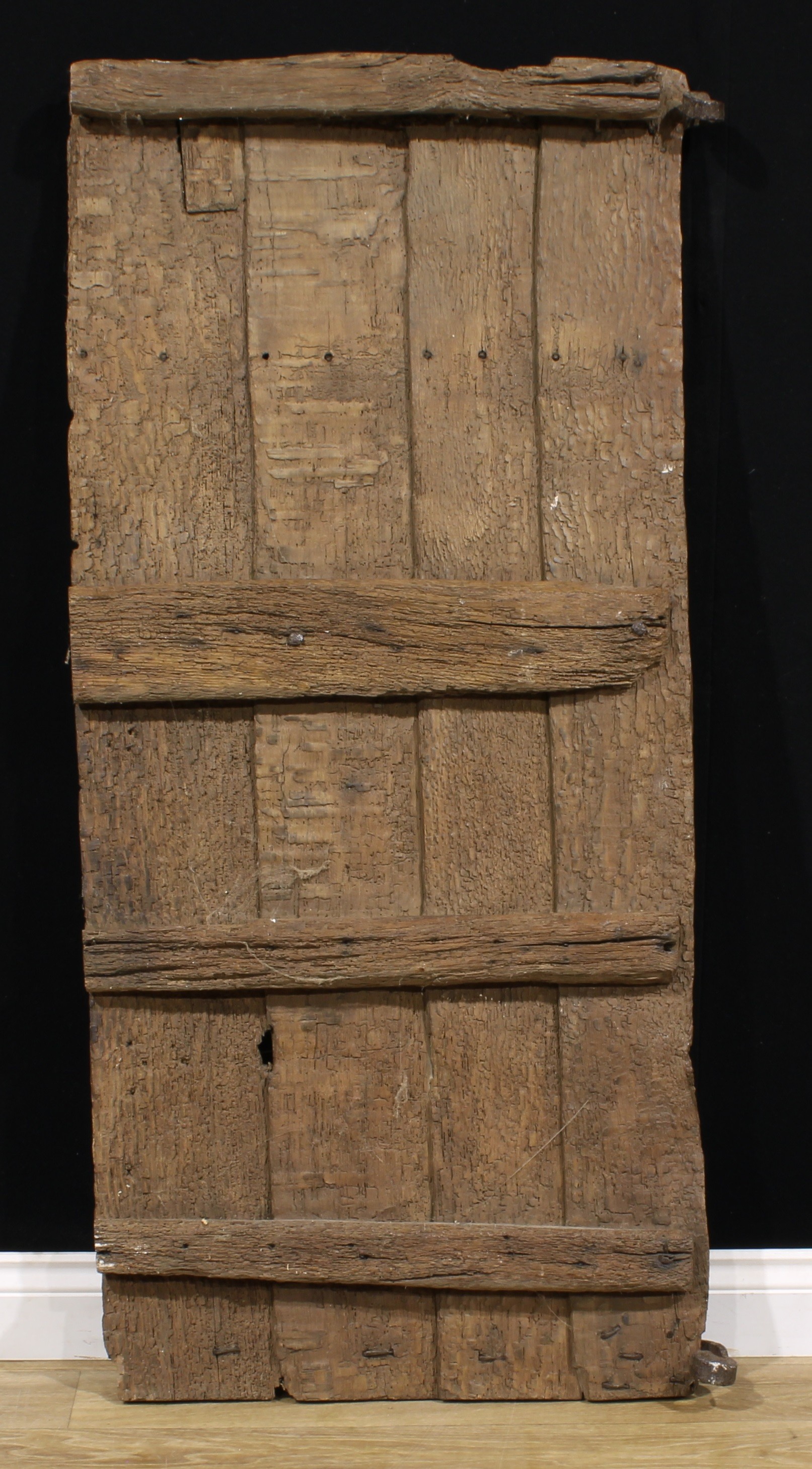 A Post-Medieval oak four-plank door, wrought iron hinges, 143cm high, 65cm wide excluding hinges, - Image 2 of 2