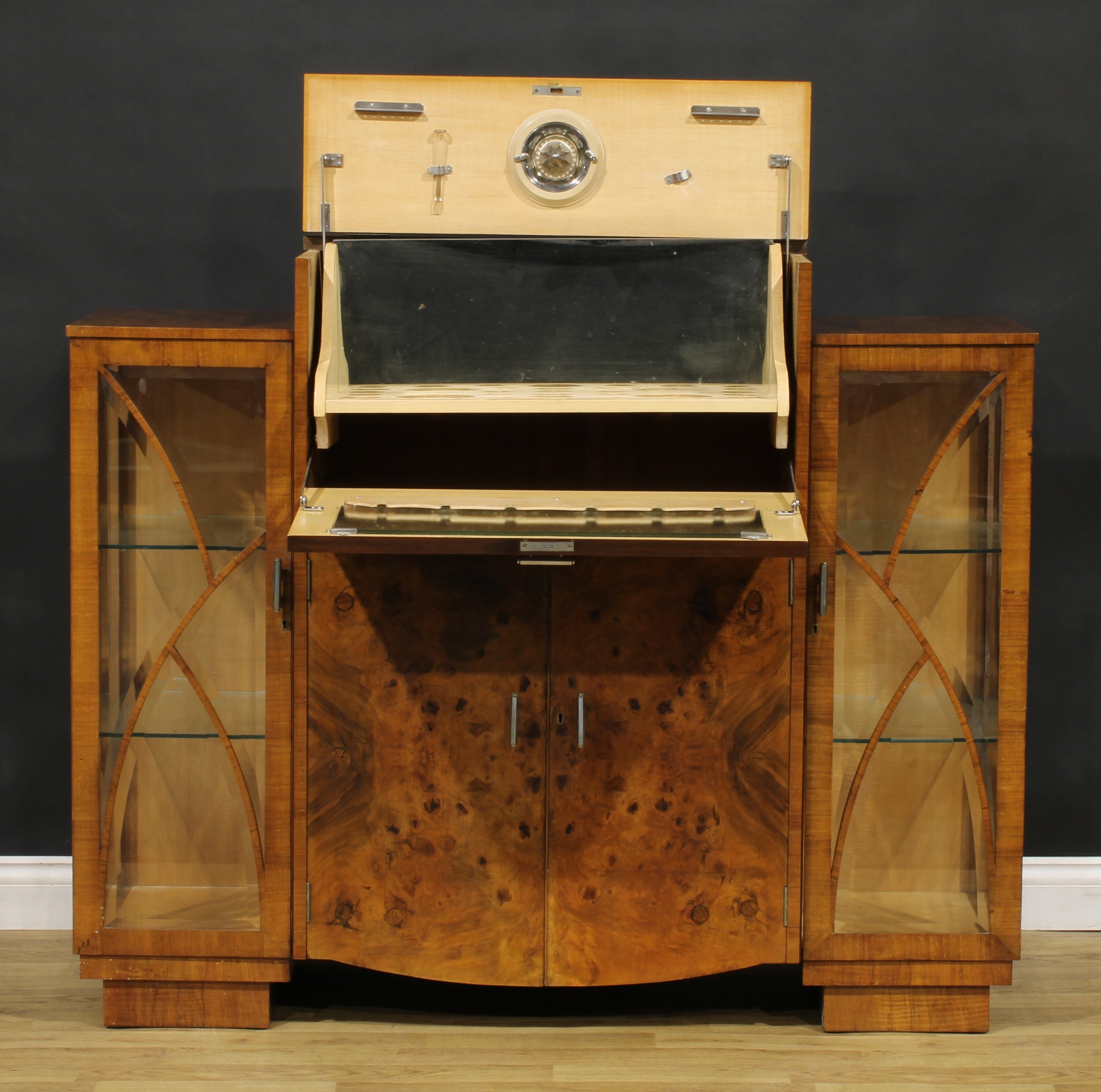 An Art Deco burr walnut cocktail cabinet, hinged top and fall front enclosing a fitted interior, - Image 3 of 6