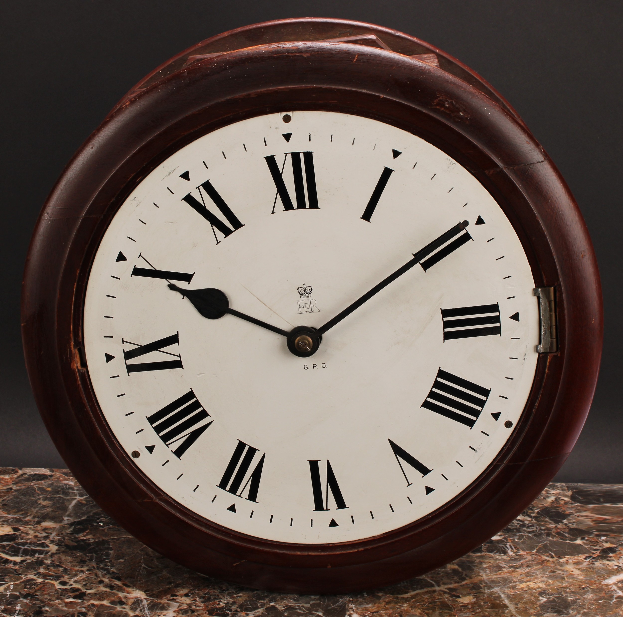 A mid 20th century mahogany British General Post Office double-sided fusee timepiece, each 28cm - Image 2 of 2