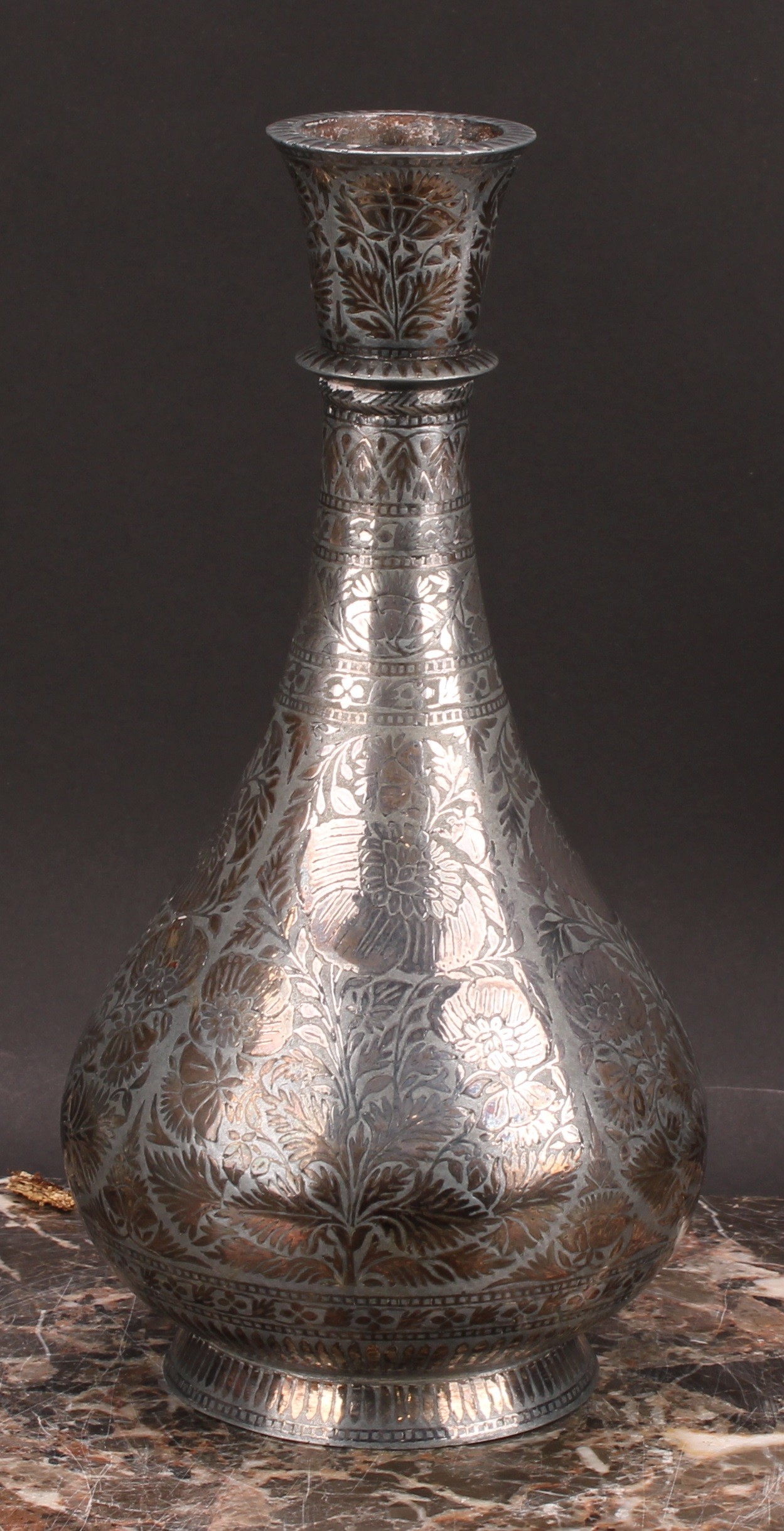 An Indian bidri baluster vase or hookah base, profusely decorated with lotus, 25cm high, 19th - Image 3 of 4