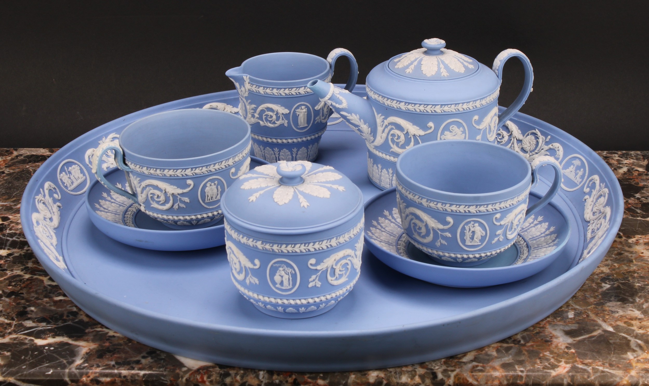 A Wedgwood jasperware cabaret set, comprising teapot, milk jug, sucrier and cover, two cups and - Image 2 of 3