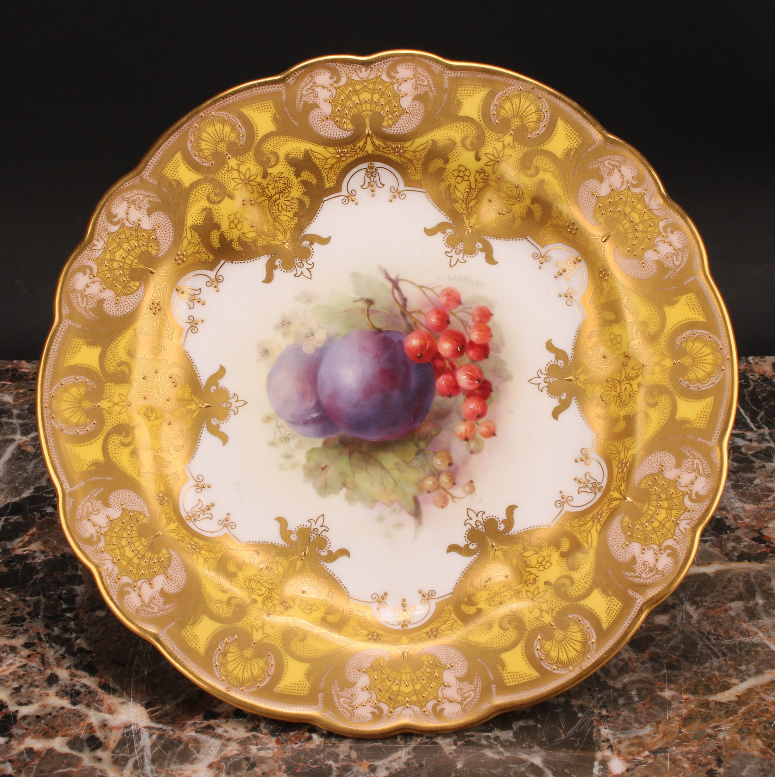 A Royal Worcester shaped pedestal low comport, painted by Richard Sebright, signed, with ripening - Image 3 of 6