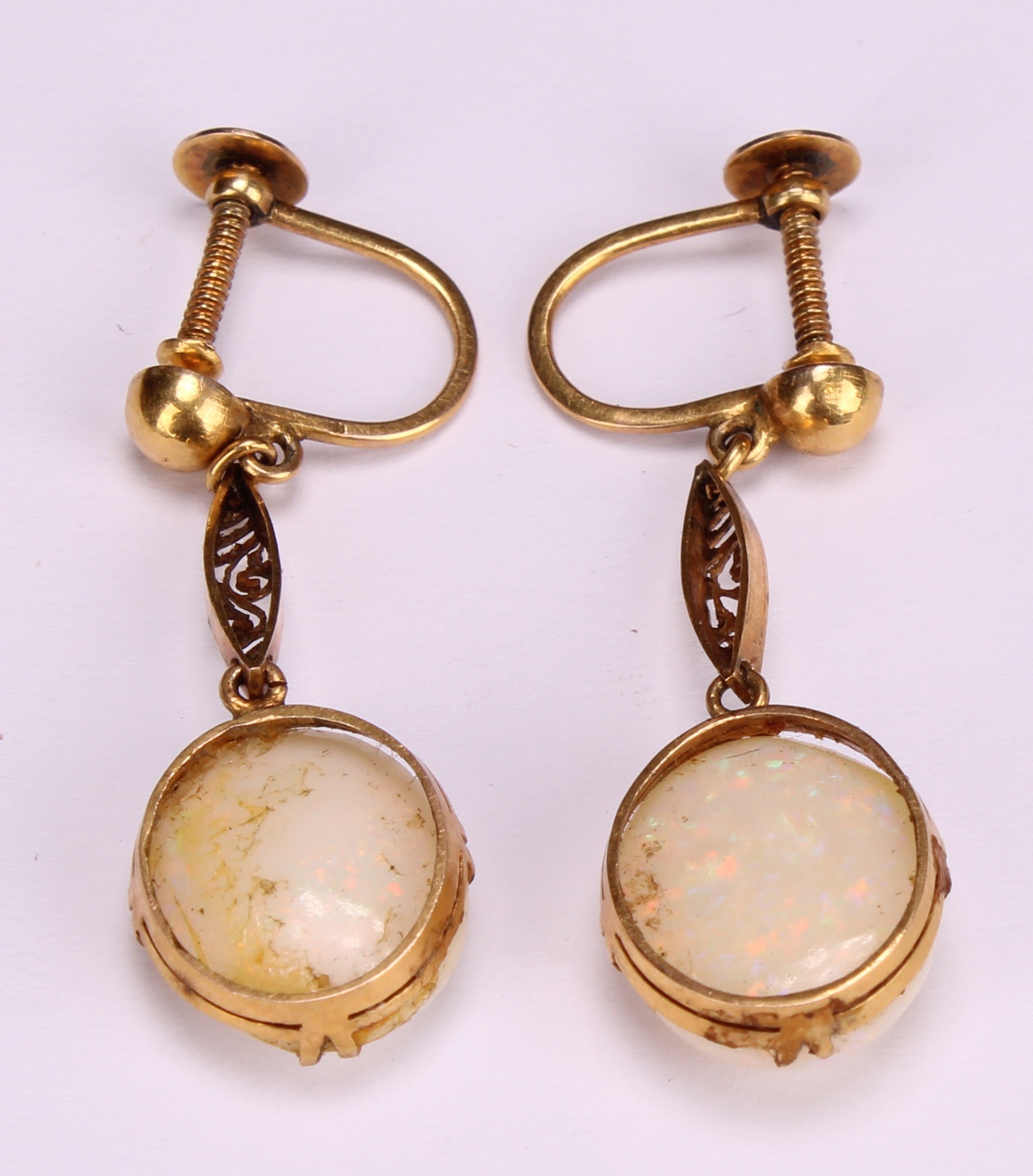 A pair of opal drop earrings, each with a single oval polished opal cabochon, unmarked yellow - Image 3 of 3