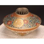 A Japanese satsuma koro, painted in the typical palette and gilt with flowers, scrolls and