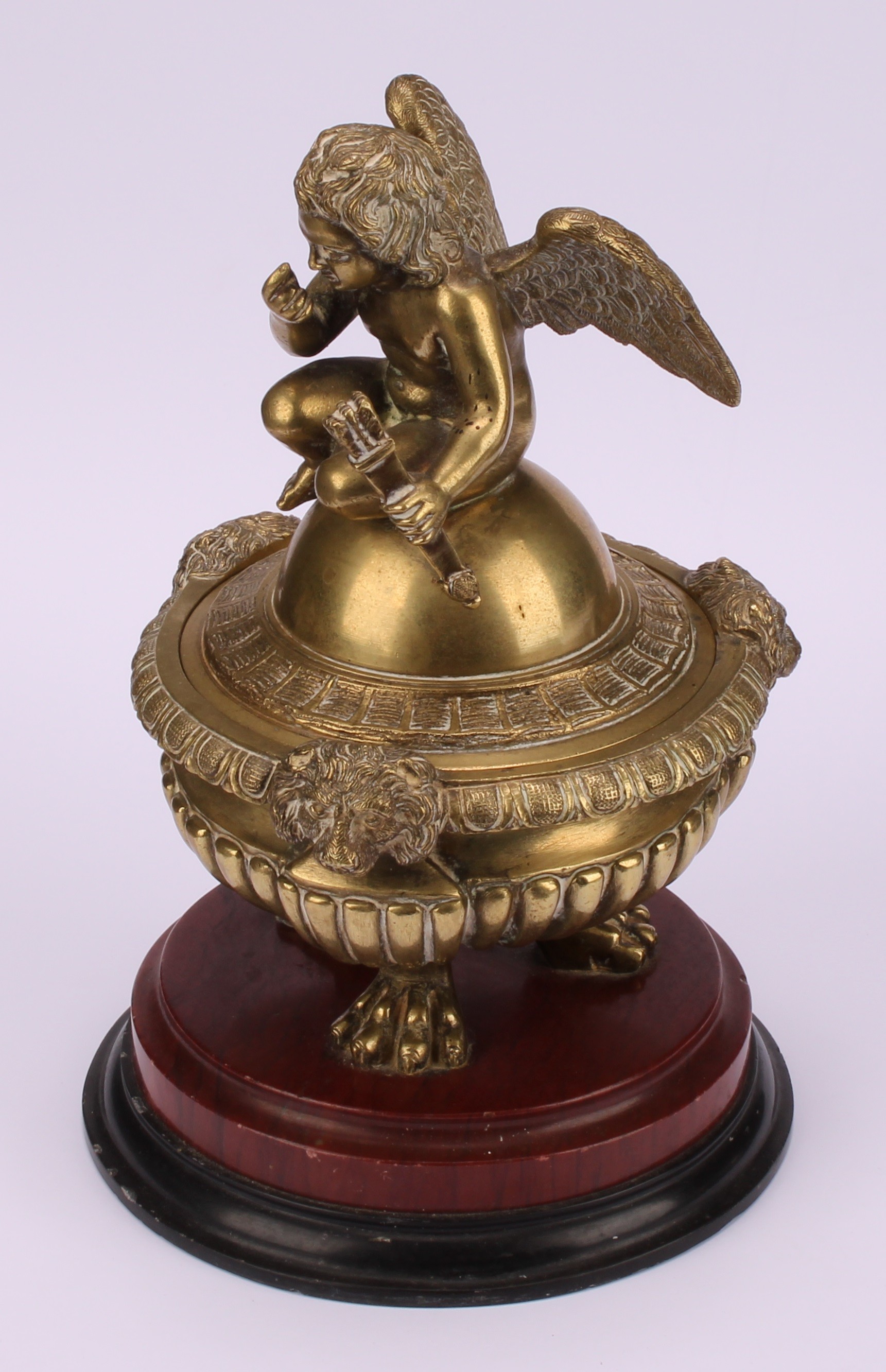 A 19th century post regency stop fluted campana shaped inkwell and cover, cast with a seated - Image 3 of 5