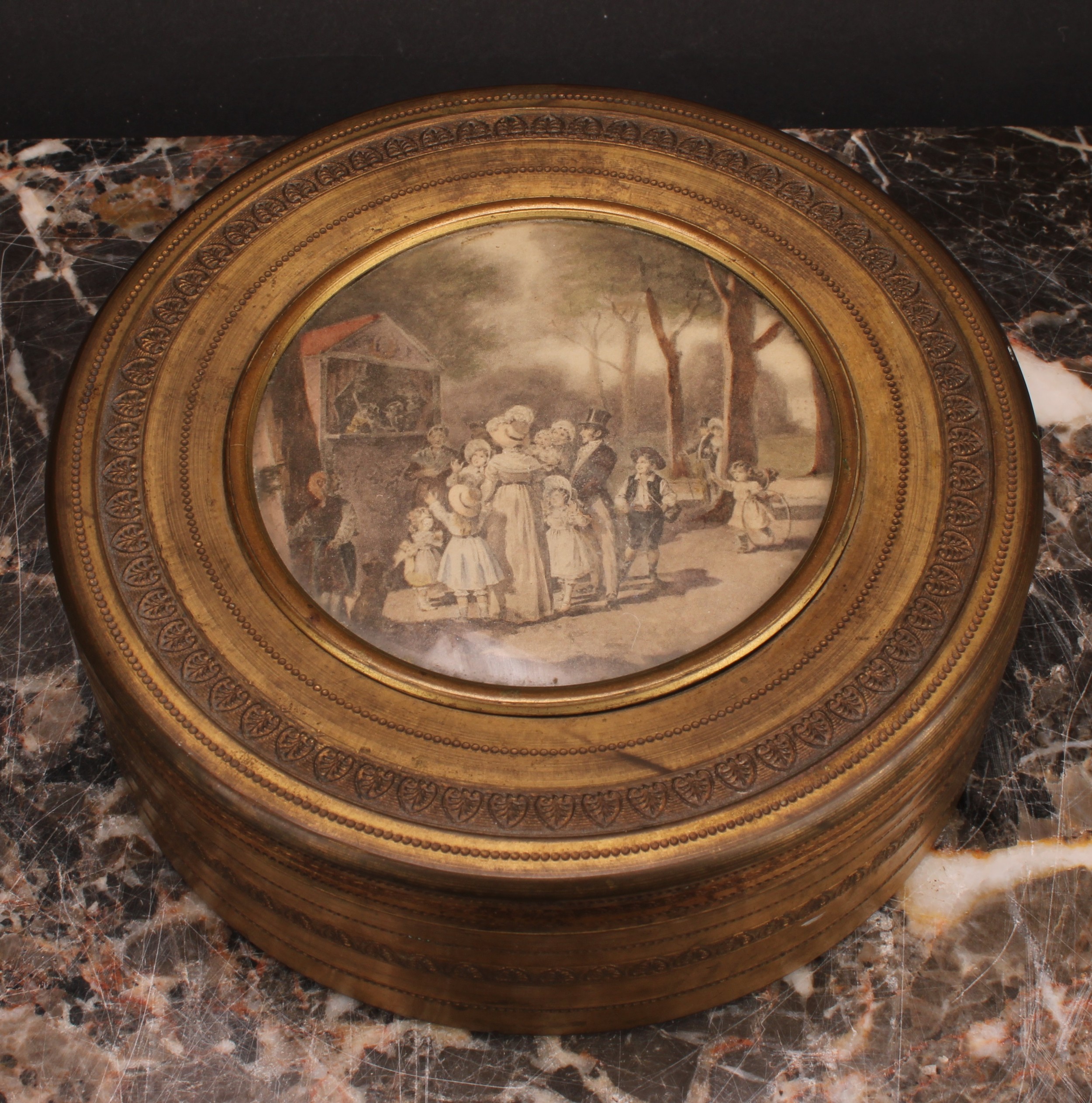 A 19th century gilt metal circular box, the push-fitting cover set with a polychrome print depicting - Image 3 of 5