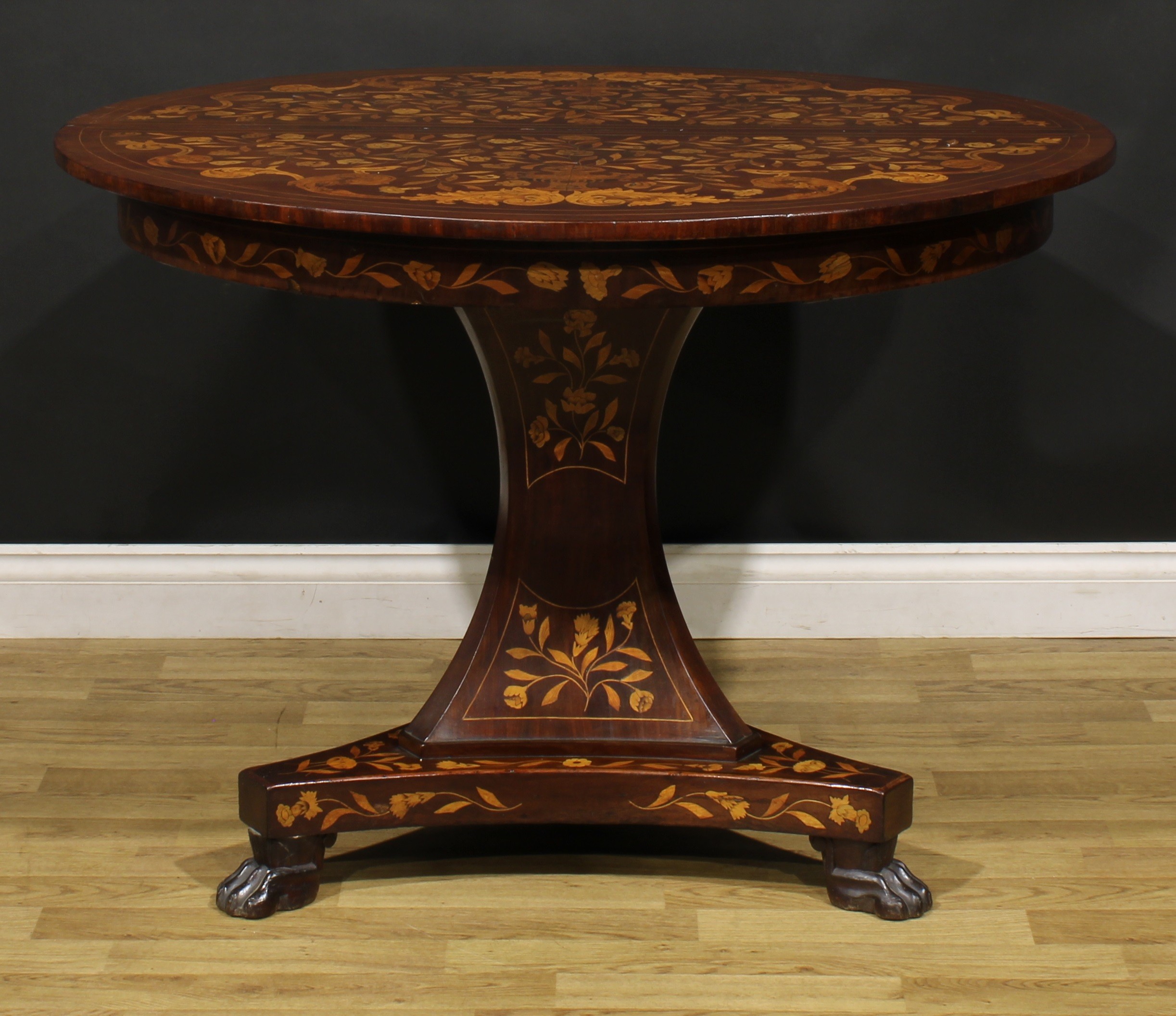 A 19th century Dutch marquetry extending dining table, discorectangular top with one additional - Image 4 of 4