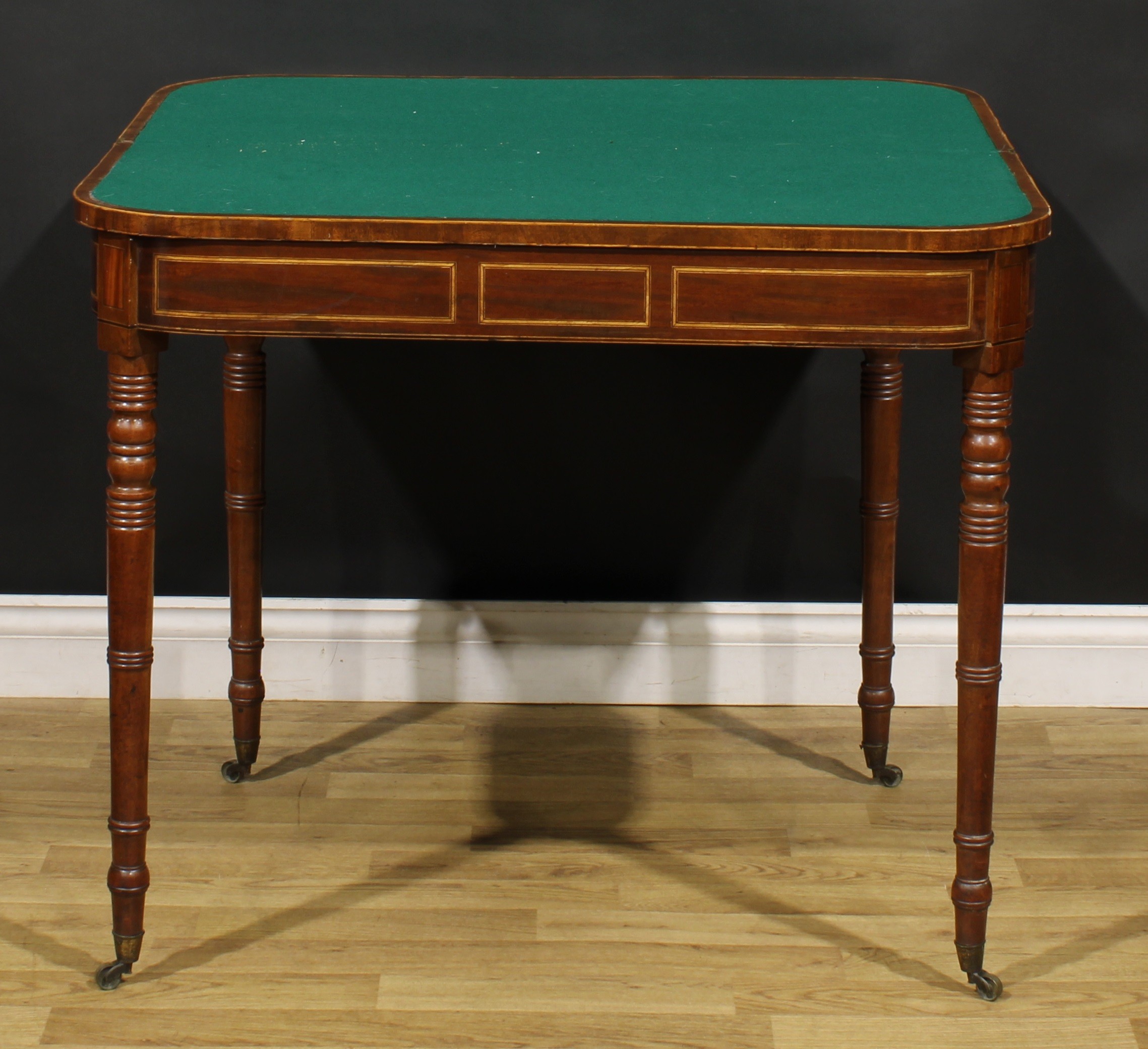 A Regency mahogany card table, hinged satinwood and rosewood crossbanded top enclosing a baize lined - Image 3 of 6