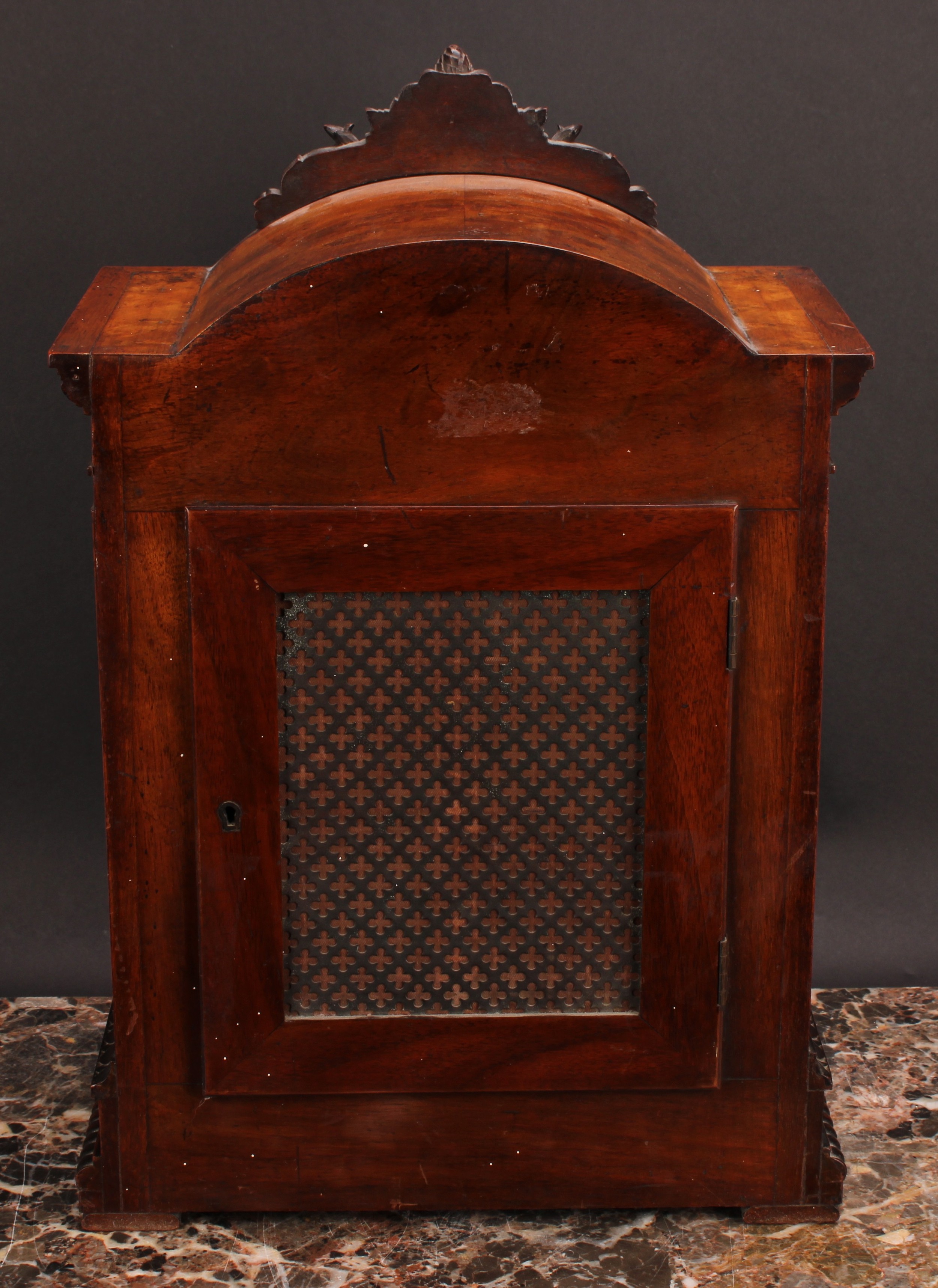 A Victorian walnut bracket clock, 15cm arched silvered dial profusely engraved with scrolling - Image 4 of 5