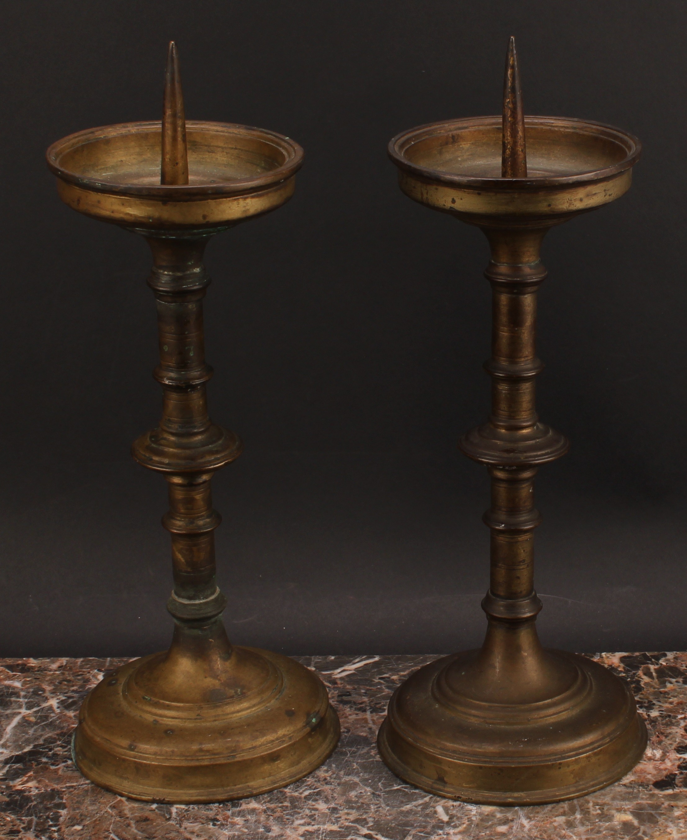 A pair of 17th century style brass pricket candlesticks, knopped stems, stepped circular bases, 34cm - Image 3 of 3