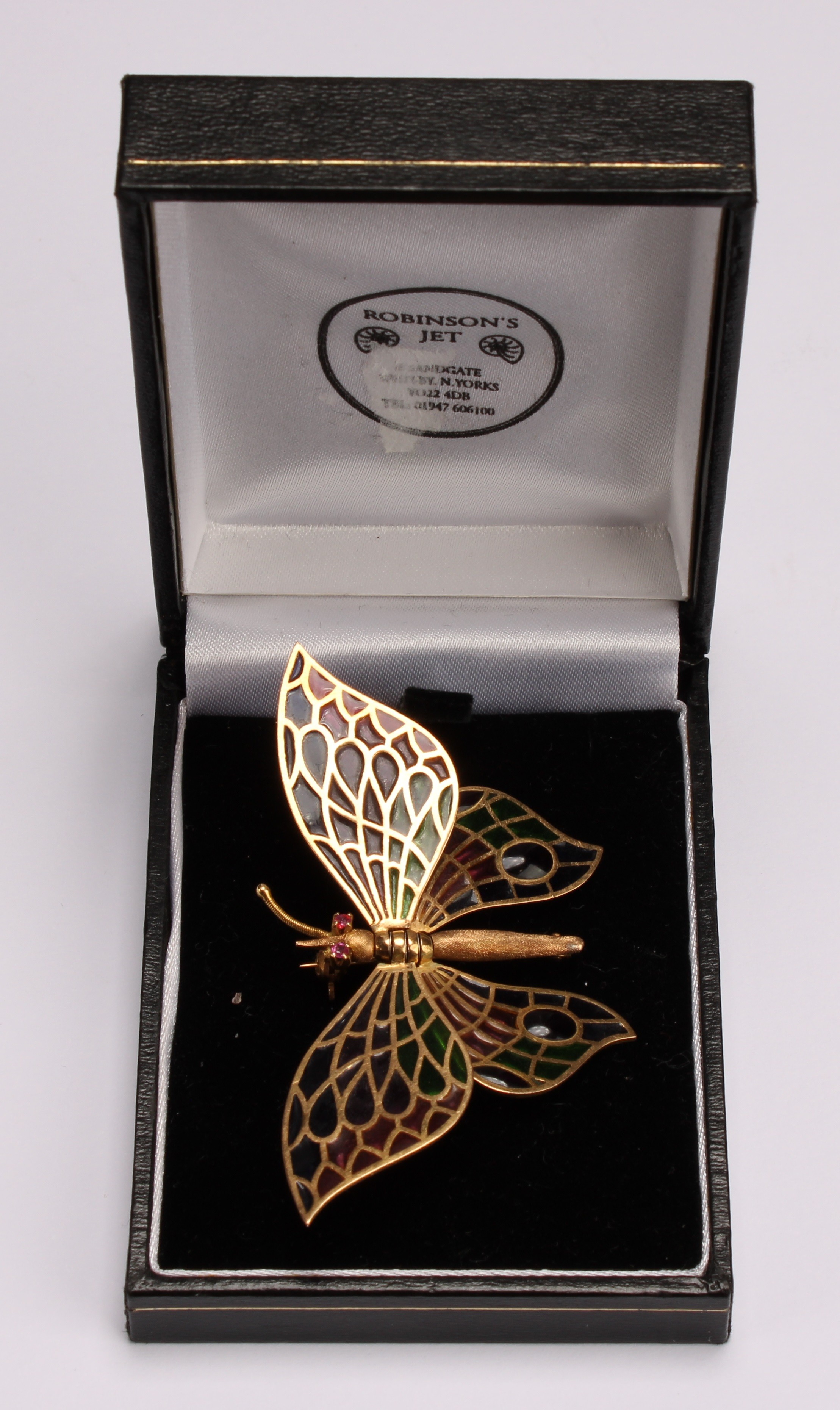 An 18ct gold and pique a jour enamel insect brooch as a butterfly, The head set with two small round - Image 7 of 7