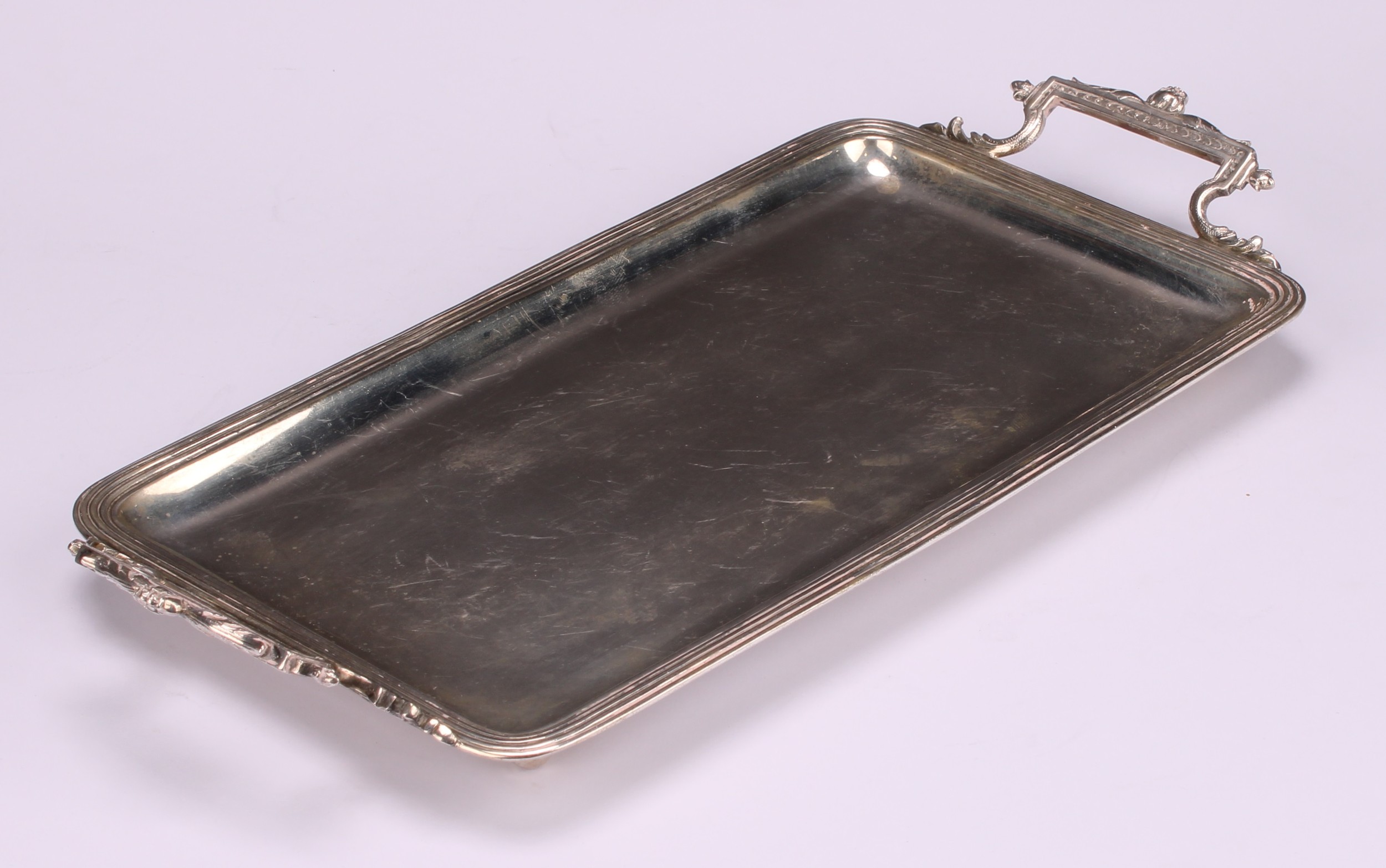 A Continental silver two-handled rounded rectangular sandwich tray, reeded border, 30.5cm wide, - Image 3 of 3