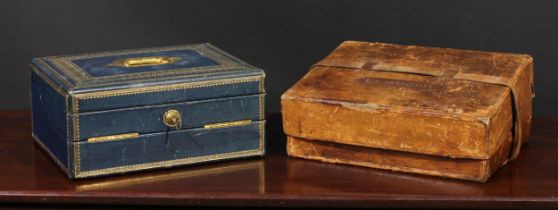 A Victorian tooled and gilt blue Morocco leather writing box, by W&J Milne, Edinburgh, hinged