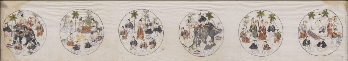 A 19th century Burmese silk panel, painted with six roundels depicting court scenes, tiger