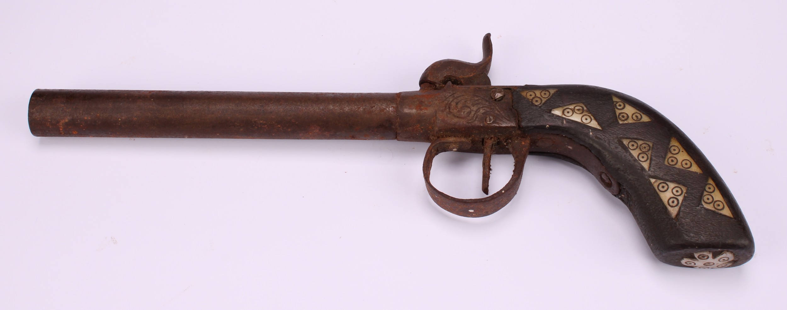 A 19th century percussion belt pistol, 13.5cm octagonal barrel, integral ramrod, chequered grip, - Image 10 of 10