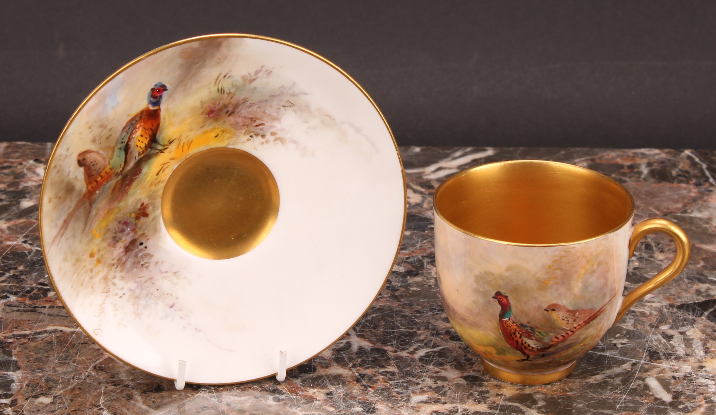 A set of six Royal Worcester coffee cups and saucers, painted by James Stinton, signed, with - Image 4 of 11