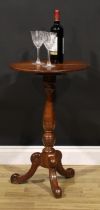 An Aesthetic Movement period elm tripod wine table, circular tilting top, turned pillar, cabriole