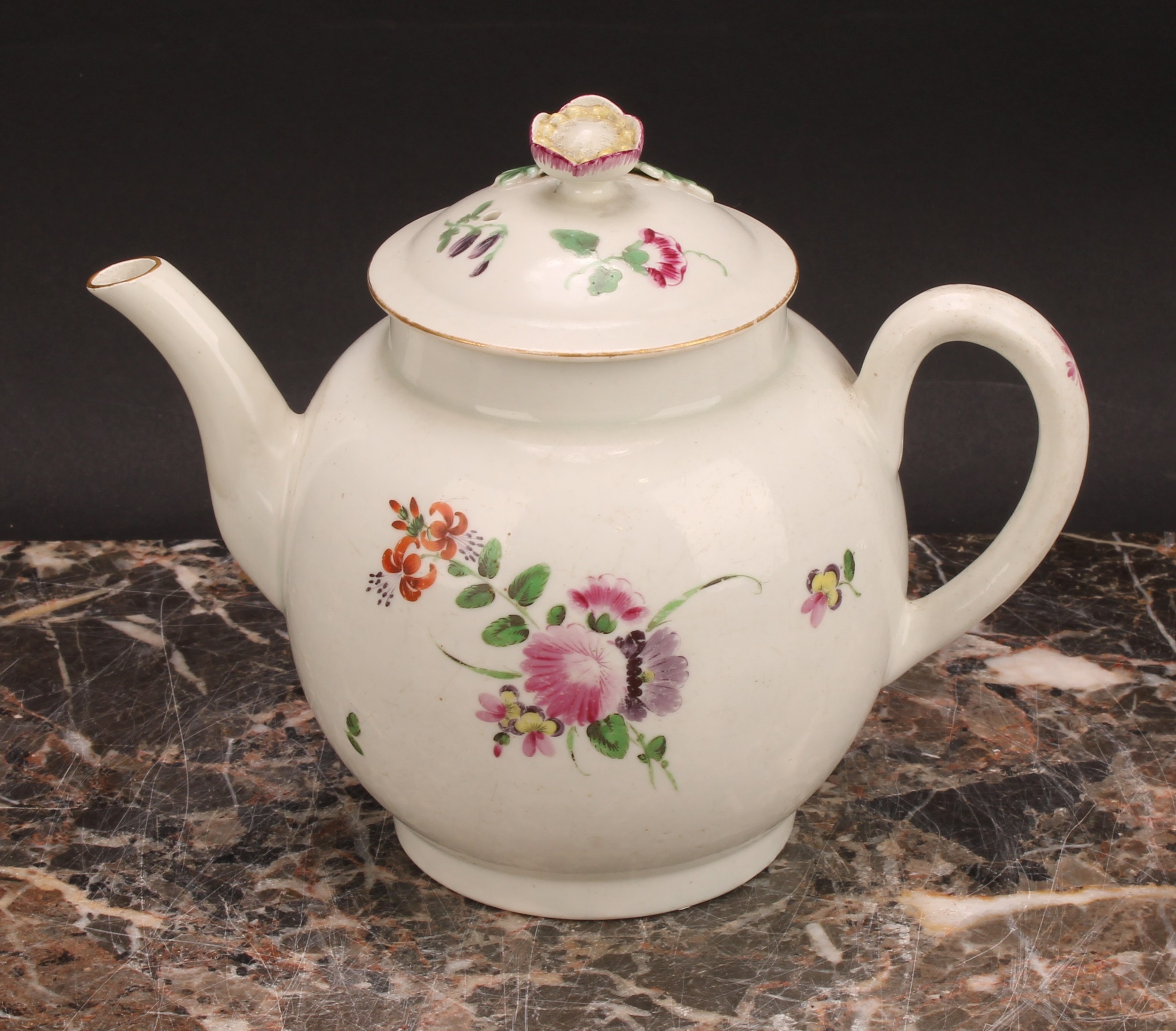 A Worcester globular teapot and cover, painted with floral bouquets in polychrome, flower finial, - Image 2 of 5