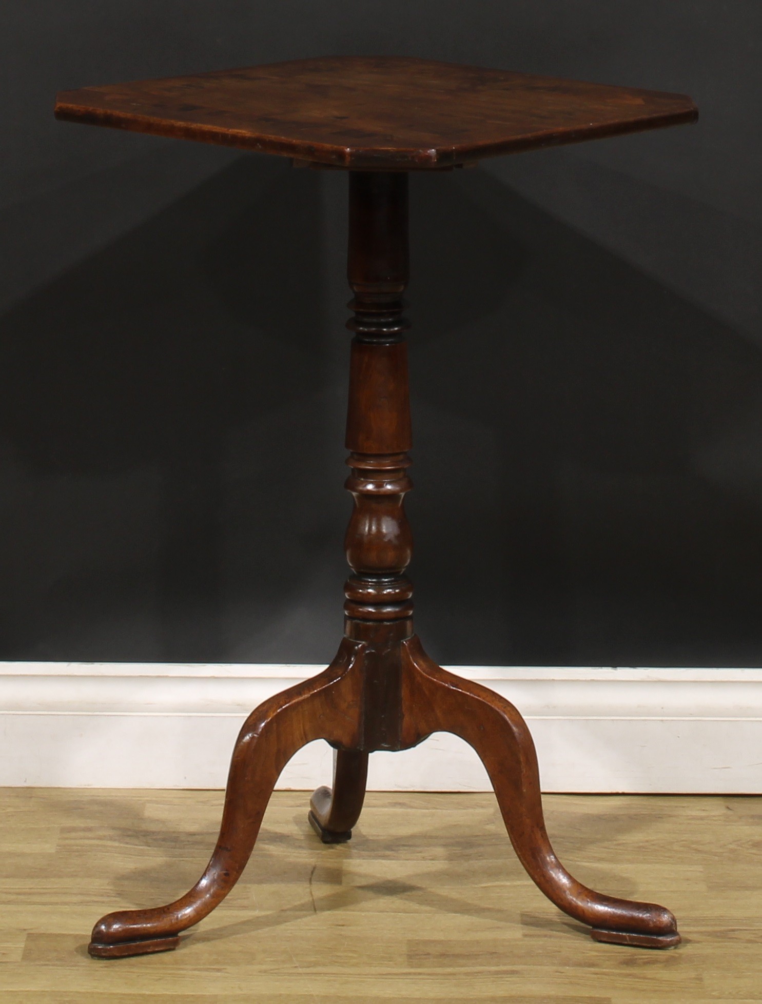 A George III mahogany tripod wine table, canted square top inlaid with a broad rosewood band, 73.5cm - Image 2 of 4