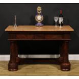 A Victorian mahogany pier table, marble top above two frieze drawers, spreading cylindrical