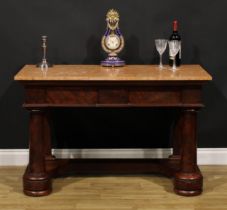 A Victorian mahogany pier table, marble top above two frieze drawers, spreading cylindrical