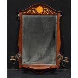 An Edwardian mahogany and marquetry girandole, arched frieze inlaid with a shell and ribbons,