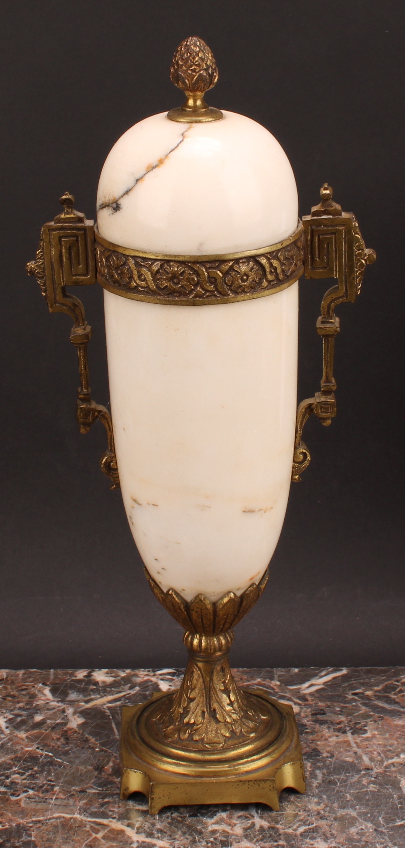 A pair of French gilt metal mounted marble mantel urns, 33cm high, first-half 20th century - Image 3 of 6