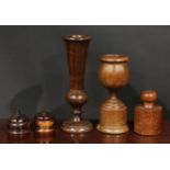 Treen - a 19th century pork pie mould, 16.5cm high; a turned wood goblet, boxes, etc (5)