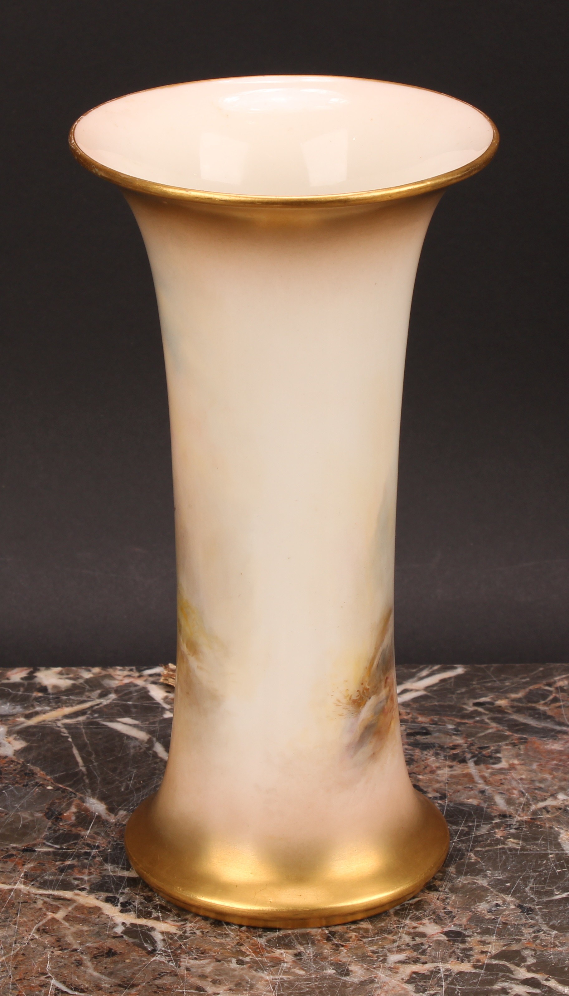 A Royal Worcester trumpet shaped vase, painted by Harry Stinton, signed, with highland cattle in a - Image 4 of 7
